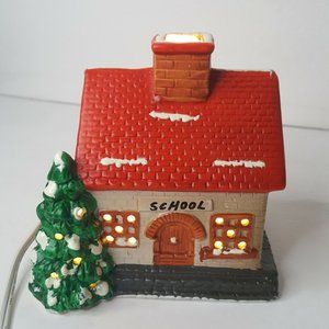 Christmas Porcelain Village Collectible School House Lighted Red Roof Tree